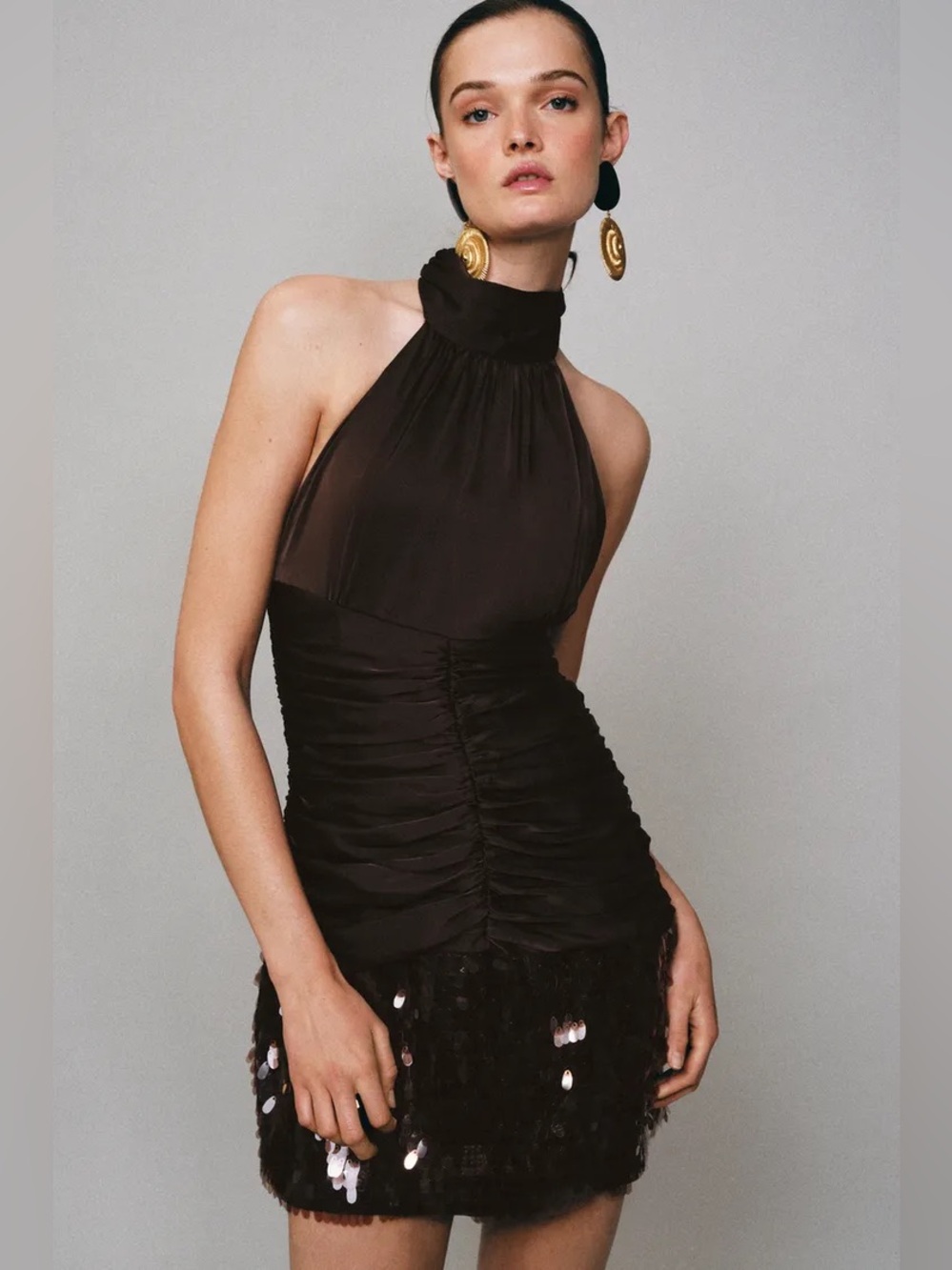 Brown satin like  High-Neck Black Sequin Mini Dress